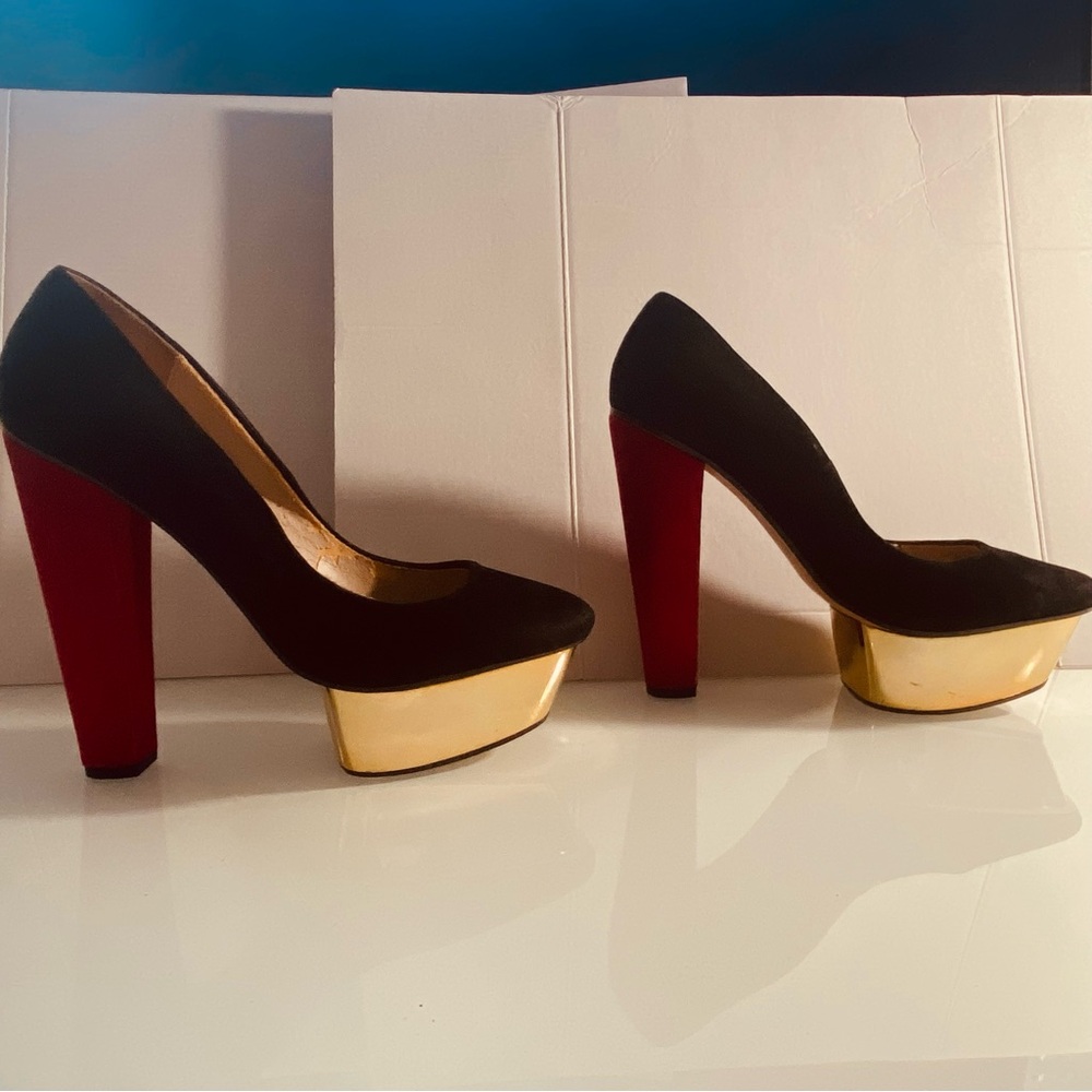 Zara EU Size 41 Striking Black/ Red /Gold  Platform Dress/Prom shoes - Picture 2 of 10